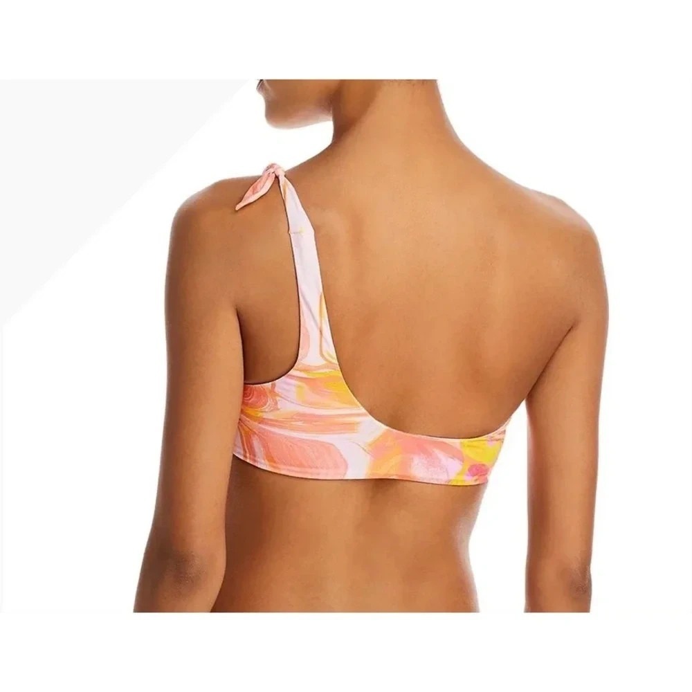 Aqua Swim One Shoulder Tie Marble Swirl Bikini Top Women's M Pink Multi - Picture 2 of 8